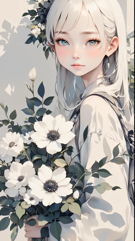 watercolor, watercolor, watercolor風, watercolorの詳細なアート, watercolor digital painting, watercolor paint、break、((( Beautiful Women、very cute girl)))、Floral arrangement、Wabi-sabi art、white、gray、black tone 、Parchment、抽象的Floral arrangement、Three big flowers、 Dre...