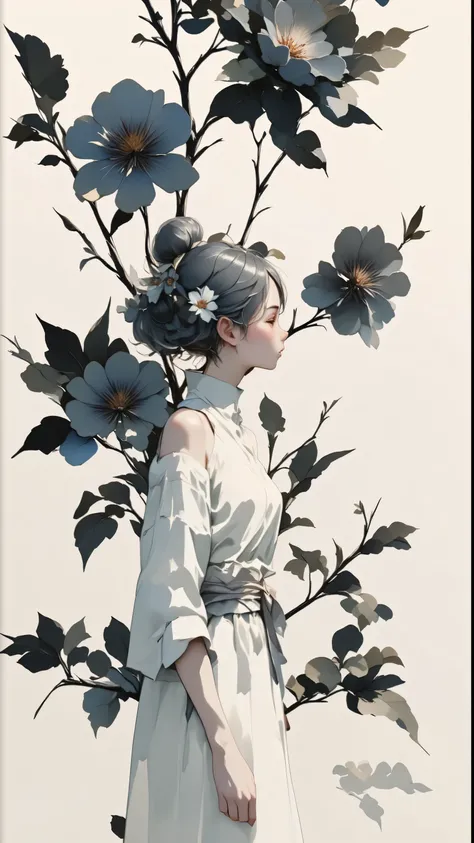 watercolor, watercolor, watercolor風, watercolorの詳細なアート, watercolor digital painting, watercolor paint、break、((( Beautiful Women、very cute girl)))、Floral arrangement、Wabi-sabi art、white、gray、black tone 、Parchment、抽象的Floral arrangement、Three big flowers、 Dre...