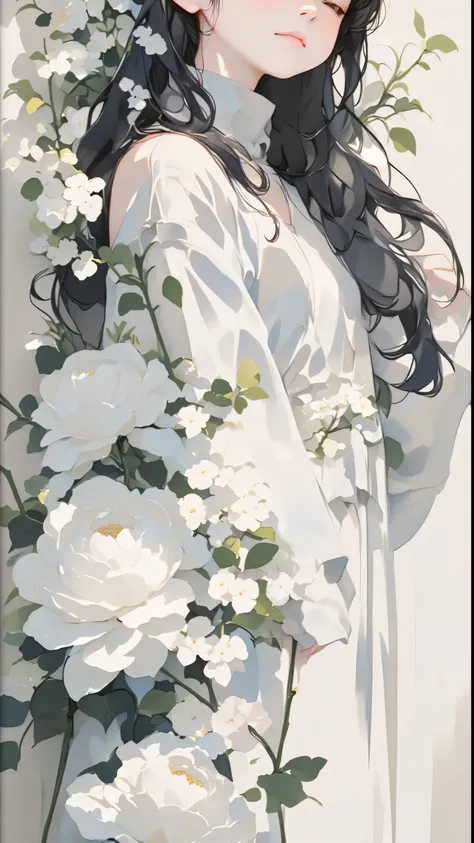 watercolor, watercolor, watercolor風, watercolorの詳細なアート, watercolor digital painting, watercolor paint、break、((( Beautiful Women、very cute girl)))、Floral arrangement、Wabi-sabi art、white、gray、black tone 、Parchment、抽象的Floral arrangement、Three big flowers、 Dre...