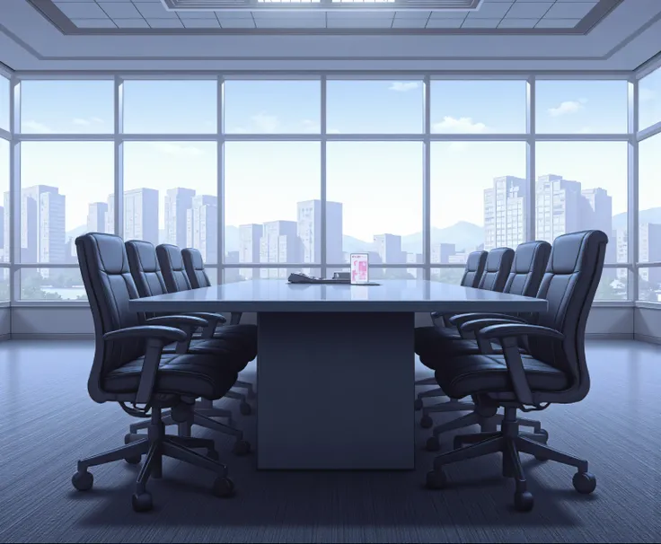  A very modern conference room，Empty，Spacious and bright，The large black long conference table takes up the picture space，Office chairs are neatly arranged next to the conference table