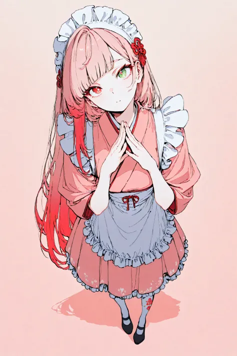 1girl, solo, Full Body, free pose, very long hair, gradient hair, Pink Hair, mullet, symbol-shaped pupils, green eyes, Red Eyes, mismatched pupils, longeyelashes, beautiful skin, Japanese clothing, pink kimono, maid, White apron, frills dress, Tall, charac...