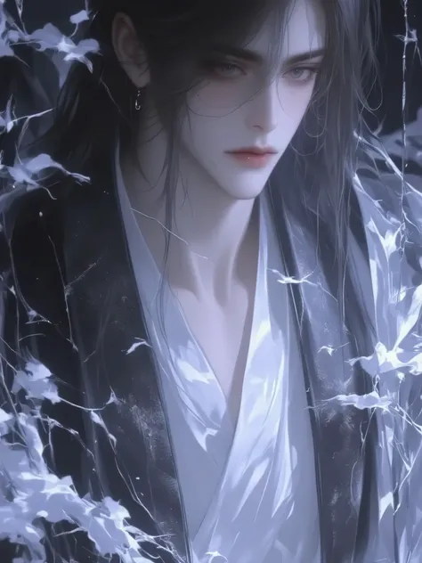 a handsome man with long hair antique black hair,a handsome man with long hair, an ancient brunette in a fairy-looking white Hanfu, traditional Chinese clothing , Double eyelids,Japanese Manga Style,The throat is obvious