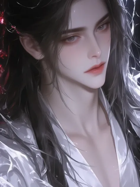 a handsome man with long hair antique black hair,a handsome man with long hair, an ancient brunette in a fairy-looking white Hanfu, traditional Chinese clothing , Double eyelids,Japanese Manga Style,The throat is obvious