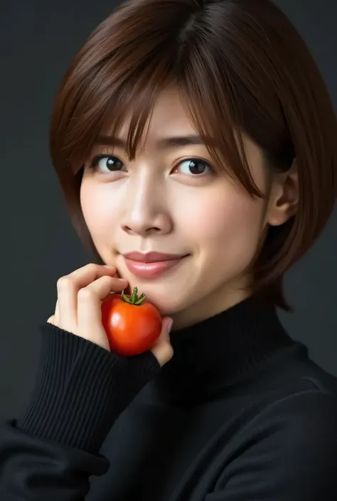 (((face close-up)))、(((Brown straight short bob that reaches her shoulders)))、(((She poses like a model in a hair salon, Indoor black wall background  .)))、(((Casual black winter long sleeve outfit)))、Half Japanese, Half Korean、18 years old、standalone、Head...