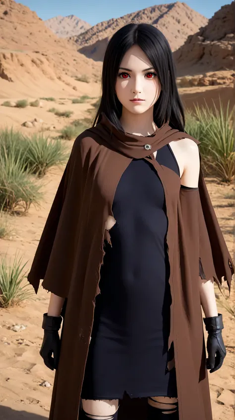 1girl, solo,hikari uchiha,black hair,long hair,outdoors,potrait,(wear torn cloak:1.5),small breast,mountain background,red eyes,forest background,(standing on hot desert:1.5),(close up:1.3),(front view), looking at viewer,bare shoulders,black glove,brown c...