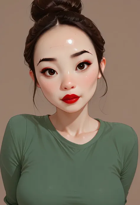 simple background, perfect face, hair bun, brown hair, (forehead), black thin eyebrows, big glowing brown eyes, thick red lipstick, beautiful woman, shirt, green shirt, medium breasts, pov, ((female asian)), asian