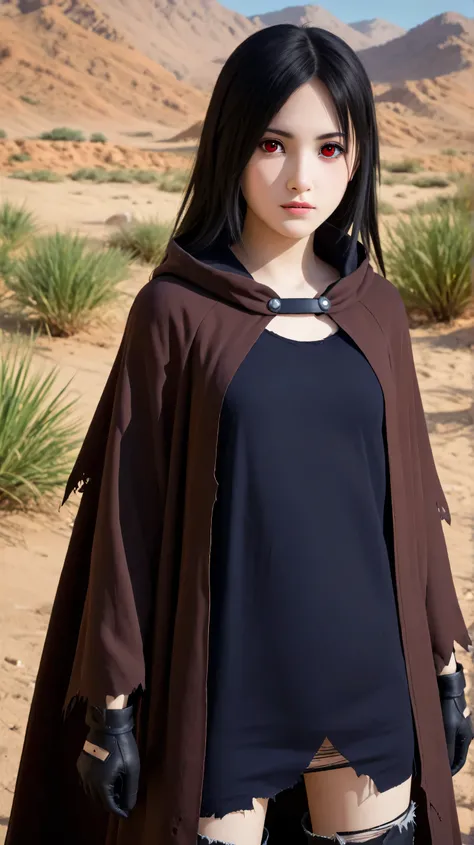 1girl, solo,hikari uchiha,black hair,long hair,outdoors,potrait,(wear torn cloak:1.5),small breast,mountain background,red eyes,forest background,(standing on hot desert:1.5),(close up:1.3),(front view), looking at viewer,bare shoulders,black glove,brown c...