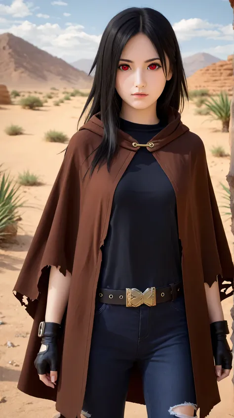 1girl, solo,hikari uchiha,black hair,long hair,outdoors,potrait,(wear torn cloak:1.5),small breast,mountain background,red eyes,forest background,(standing on hot desert:1.5),(close up:1.3),(front view), looking at viewer,bare shoulders,black glove,brown c...