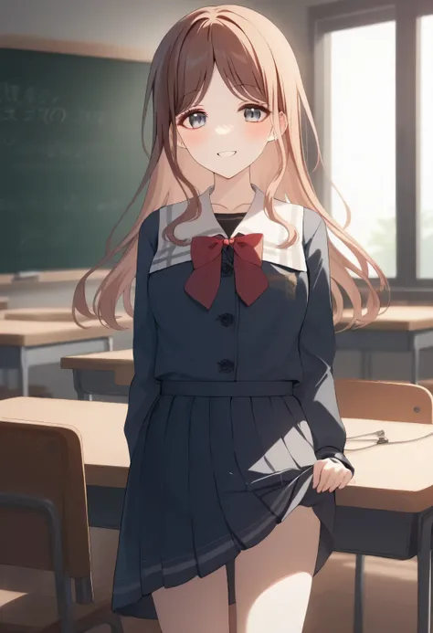 1 girl, underwear, skirt, independent, underwear, Chest, classroom, shirt, bow, lExistenceg_hair, White_, skirt_lift, Existence室内,  Smile, Open_Outfit, bowtie, Umbilical cord, Watching_Existence_受众, Outfit_lift, White_shirt, table, school_, Blush, school_t...