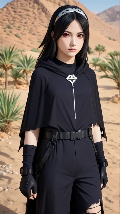 1girl, solo,hikari uchiha,black hair,long hair,outdoors,potrait,(wear torn cloak:1.5),small breast,mountain background,red eyes,forest background,(standing on hot desert:1.5),(close up:1.3),(front view), looking at viewer,bare shoulders,black glove,brown c...