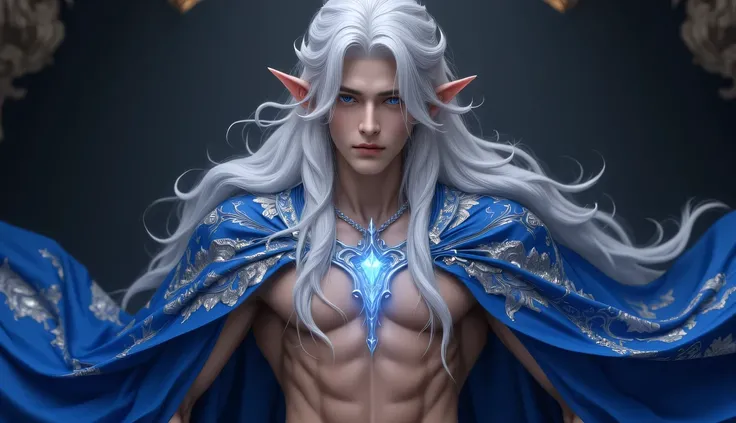 Ultra-detailed fantasy elf prince with long platinum blonde hair, glowing blue eyes, and sharp facial features, wearing an open royal blue cloak with intricate silver embroidery. Bare muscular chest with defined abs, wearing a glowing crystal necklace. Hig...