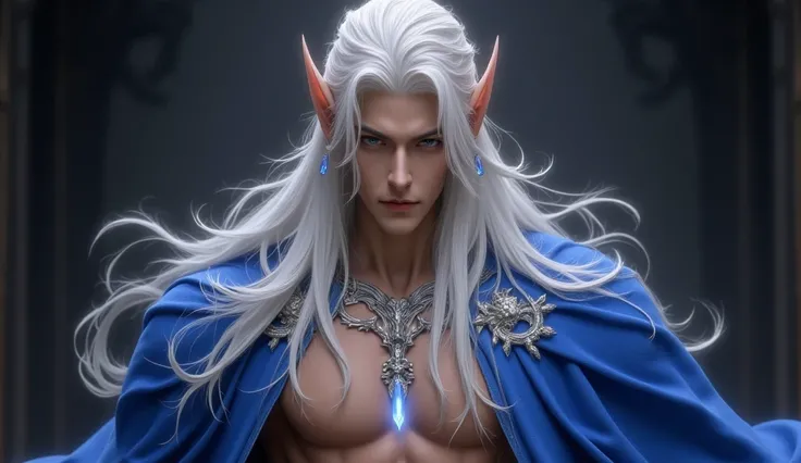 Ultra-detailed fantasy elf prince with long platinum blonde hair, glowing blue eyes, and sharp facial features, wearing an open royal blue cloak with intricate silver embroidery. Bare muscular chest with defined abs, wearing a glowing crystal necklace. Hig...
