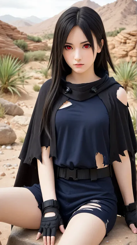 1girl, solo,hikari uchiha,black hair,long hair,outdoors,potrait,(wear torn cloak:1.5),small breast,mountain background,red eyes,forest background,(hot desert:1.5),(close up:1.3),(front view), looking at viewer,bare shoulders,black glove,brown cloak,black s...