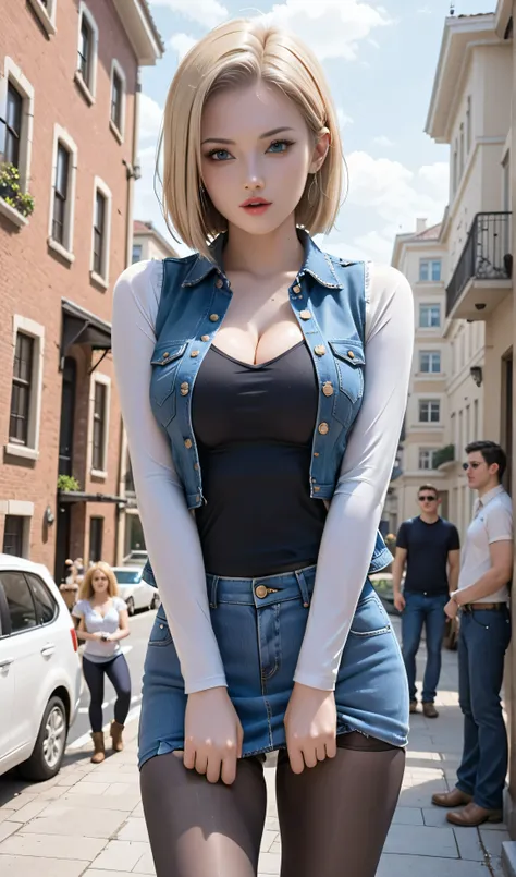 (One girl),  (Android 18), (Her body and eyes face forward), ((She sat on the steps of the driveway outside the building and lifts one side of her denim mini skirt)), ((Intentionally holding the hem of the skirt with the one hand and pushing it up)), ((Her...