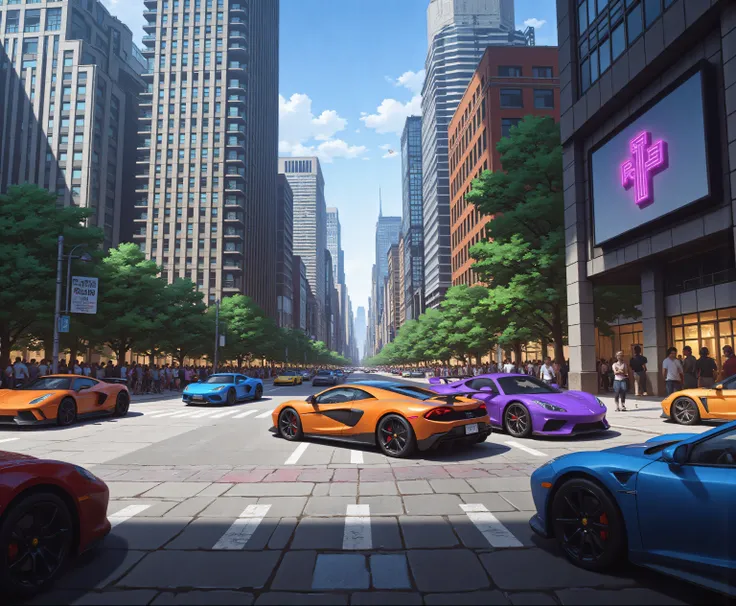 modern urban cityscape，Street of sports cars，tall buildings