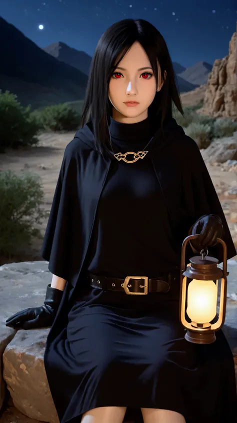 1girl, solo,hikari uchiha,black hair,long hair,outdoors,potrait,(wear cloak:1.5),small breast,mountain background,red eyes,forest background,(desert:1.5),(close up:1.3),(front view), looking at viewer,bare shoulders,black glove,brown cloak,black shirt,(hoo...