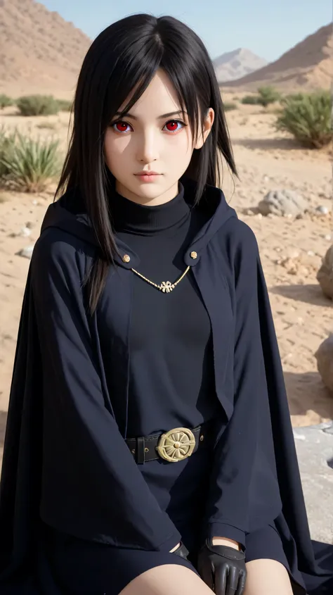 1girl, solo,hikari uchiha,black hair,long hair,outdoors,potrait,(wear cloak:1.5),small breast,mountain background,red eyes,forest background,(desert:1.5),(close up:1.3),(front view), looking at viewer,bare shoulders,black glove,brown cloak,black shirt,(hoo...