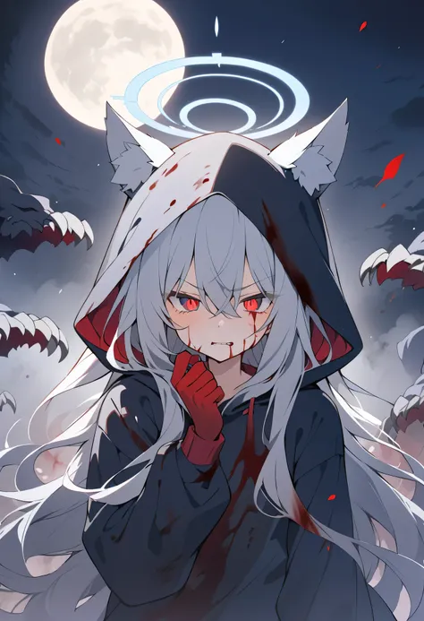 long hair,Silver Hair,girl,Light blue halo, gray wolf ears,Alone,night,red pupils,night,dark blue hoodie ,dirty clothes(stained with blood),black sweatpants(Be covered with dust),hair to cover your eyes,wearing hood hood up,An evil smile, heads down,Cover ...