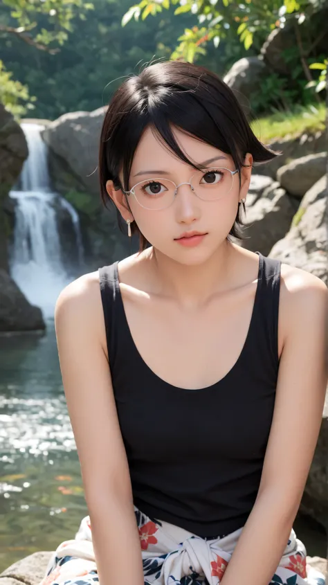 1girl, solo,sarada uchiha,black eyes,black hair,outdoors,potrait,small breast,wearing glasses,lake backround,(black tanktop:1.5),earings,short hair,front view, potrait,close up,wear sarong, sitting under waterfall
