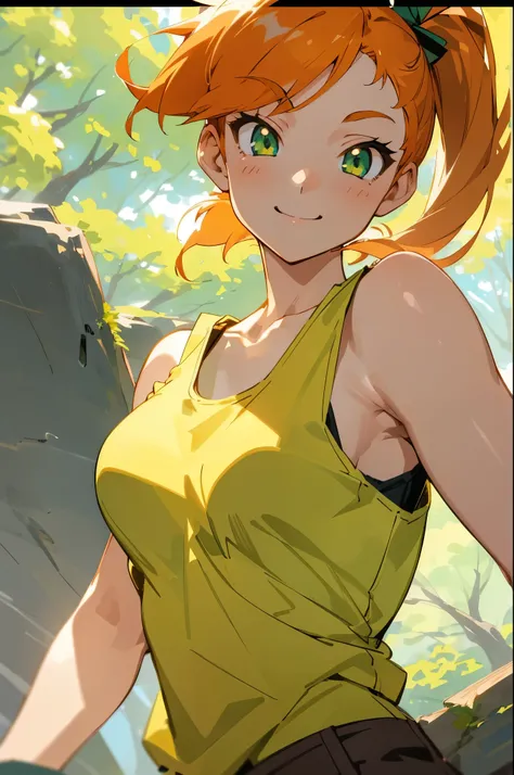 masterpiece、top quality、girl、Anime Paintings、orange hair、beautiful green eyes、side ponytail、khaki tank top、shorts、upper body close-up、Smile Yan、Cinematic Lighting、In the woods、She's standing on a big rock、Sharp Contours