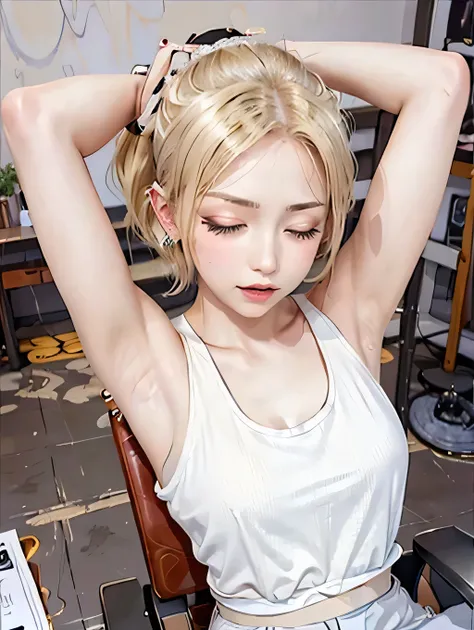 {{masterpiece:1.2}}, {{1woman}}, ((upper body)), ((private room)), ((in the night)), ((looking up)), ((stretch pose, arms up)), ((sitting chair)), ((notebook on desk)), 21 years old, ((Gal)), ((blonde hair, short hair)), ((ponytail_weave_Hairstyles)), ((wh...