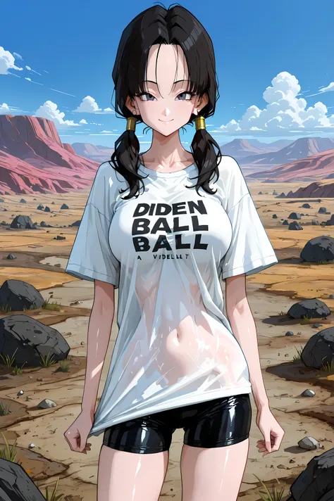 (masterpiece,best quality:1.2,amazing quality,very aesthetic, absurdres,newest) ,YamamotoXLP,,
 , Videl, dragon ball,black,1girl,solo,(ideal ratio body proportions:1.2) ,(slender body:1.2, skinny:1.2), medium,breasts,black  hair,low twintails,smile,white T...
