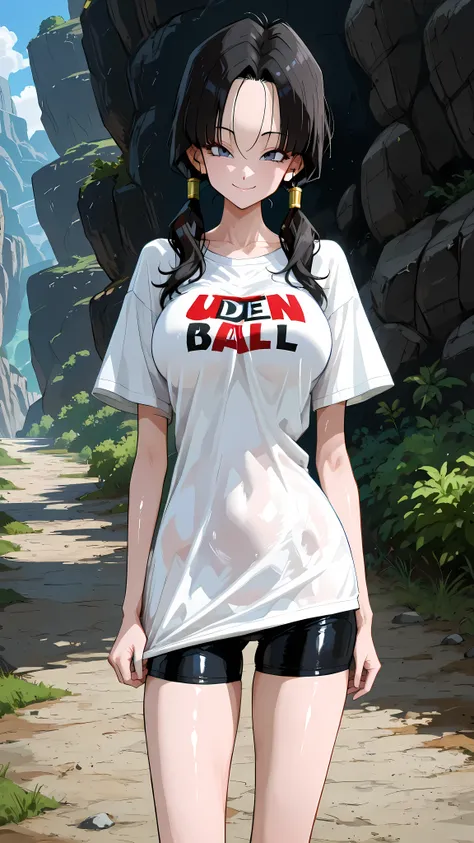 (masterpiece,best quality:1.2,amazing quality,very aesthetic, absurdres,newest) ,YamamotoXLP,,
 , Videl, dragon ball,black,1girl,solo,(ideal ratio body proportions:1.2) ,(slender body:1.2, skinny:1.2), medium,breasts,black  hair,low twintails,smile,white T...