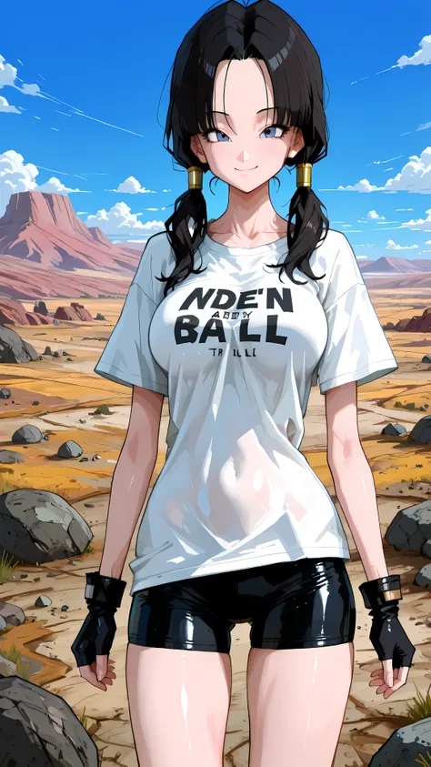 (masterpiece,best quality:1.2,amazing quality,very aesthetic, absurdres,newest) ,YamamotoXLP,,
 , Videl, dragon ball,black,1girl,solo,(ideal ratio body proportions:1.2) ,(slender body:1.2, skinny:1.2), medium,breasts,black hair,parted bangs,low twintails,s...