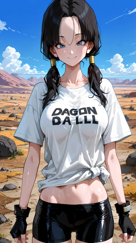 (masterpiece,best quality:1.2,amazing quality,very aesthetic, absurdres,newest) ,YamamotoXLP,,
 , Videl, dragon ball,black,1girl,solo,(ideal ratio body proportions:1.2) ,(slender body:1.2, skinny:1.2), medium,breasts,black hair,parted bangs,low twintails,s...
