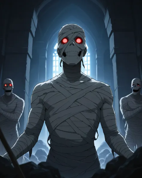 score_9, score_8_up, score_7_up, best quality, detailed face, detailed background, maximum detail, beautiful face, beautiful eyes, very aesthetic, absurdres, perfect lighting, nsfw, anime coloring, tomb, male undead mummy, wrapped, red glowing eyes