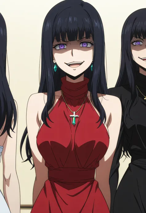 black hair,long hair,have purple eyes,red sleeveless dress,,ear piercing, long hair, , ,Hot Girl, villain, , charming ,cross necklace, masterpiece, best quality, very detailed, a girls in long dress with ネイビーカットアウト posing for a picture, evil smile, smile, ...