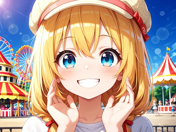 girls,Blonde,hat that makes my feet invisible,Smile Yan,is excited,sunny day,Amusement Park,portrait,Digital Art,High-quality,bokeh effect,vivid,4K