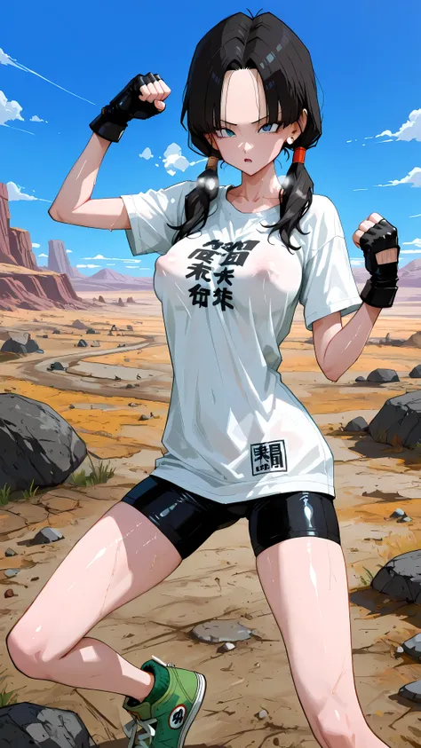 (masterpiece,best quality:1.2,amazing quality,very aesthetic, absurdres,newest) ,YamamotoXLP,,
 , Videl, dragon ball,black,1girl,solo,(ideal ratio body proportions:1.2) ,(slender body:1.2, skinny:1.2), medium,breasts,black hair,parted bangs,low twintails,h...