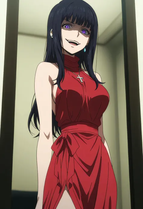 black hair,long hair,have purple eyes,red sleeveless dress,,ear piercing, long hair, , ,Hot Girl, villain, , charming ,cross necklace, masterpiece, best quality, very detailed, a girls in long dress with ネイビーカットアウト posing for a picture, evil smile, smile, ...