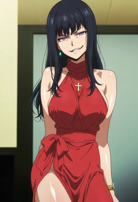 black hair,long hair,purple eyes,red sleeveless dress,,ear piercing, long hair, , ,Hot Girl, ,(smirk:1.5) , charming ,cross necklace, masterpiece, best quality, very detailed, A girl in a long dress is doing a photo shoot with a navy cutout, , smile, open ...