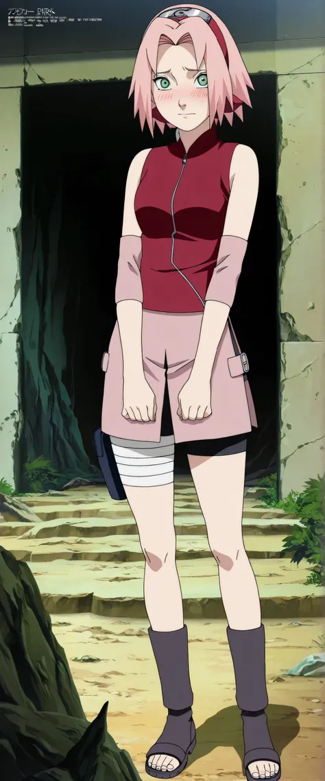1girl,haruno sakura standing look at the viewer, BREAK pink hair, short hair, red hairband, green eyes, parted bangs, BREAK red sleeveless minidress, zipper, pink miniskirt, bandaged thigh, BREAK medium breasts, beautiful body, beautiful legs , masterpiece...