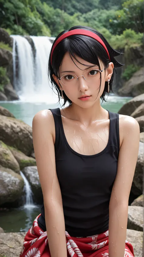 1girl, solo,sarada uchiha,black eyes,black hair,outdoors,potrait,small breast,wearing glasses,lake backround,(black tanktop:1.5),(earings:1.5),short hair,front view, potrait,close up,wear sarong, sitting under waterfall, red hairband,(wet body:1.5)