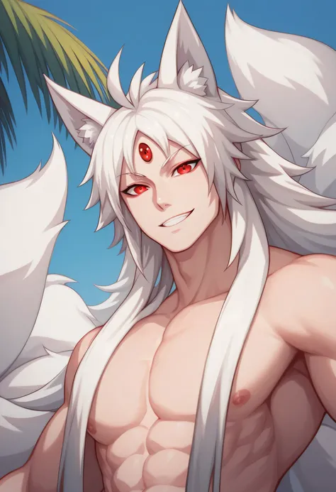 man, white hair, long hair, fox ears, strong, athletic build, white skin, red eyes, smile, third eye, solo, side view, white tails, multi-tails, looking at viewer, open arms, thin, eye on forehead, eye on palm, focus on character, bottom view, adult, Kitsu...