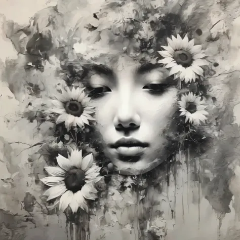 A lot of sunflowers are blooming 、(anime line drawing:1.5),(black and white painting:1.45),Minimalism,(Line Art:1.6),sketch, Charcoal Drawing ,mask,Flower,in a surreal art style illustration、Lots of sunflowers blooming, Surreal Dreams ,Dubrec style...