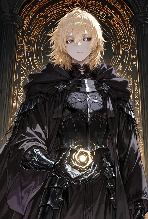 8k, beautiful masterpiece, looking out at the front, alone, pale skin, Perfect Eyes shape, Athletic Build, ((He wears: black wizard robes with very wide sleeves, obsidian gothic armor on top of robe, black elegant cloak with hood down, clawed obsidian goth...