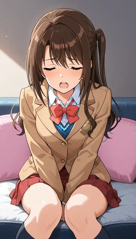 An image of Shimamura Suzuki, humiliated, brown hair, long hair, one side up, school uniform, red bow tie, brown blazer    ,    red pleated skirt. Sitting on your knees on a pillow, pillow between legs,    moaning 