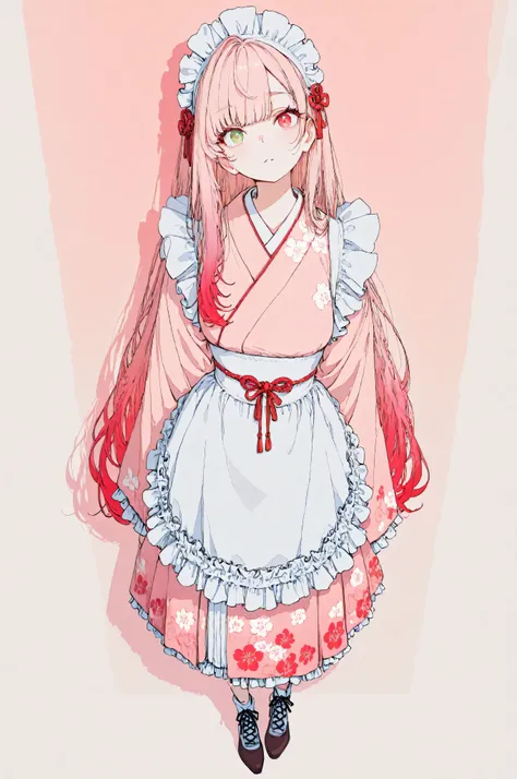 1girl, solo, Full Body, very long hair, gradient hair, Pink Hair, mullet, symbol-shaped pupils, green eyes, Red Eyes, mismatched pupils, longeyelashes, beautiful skin, Japanese clothing, pink kimono, maid, White apron, frills dress, Tall, character design,...