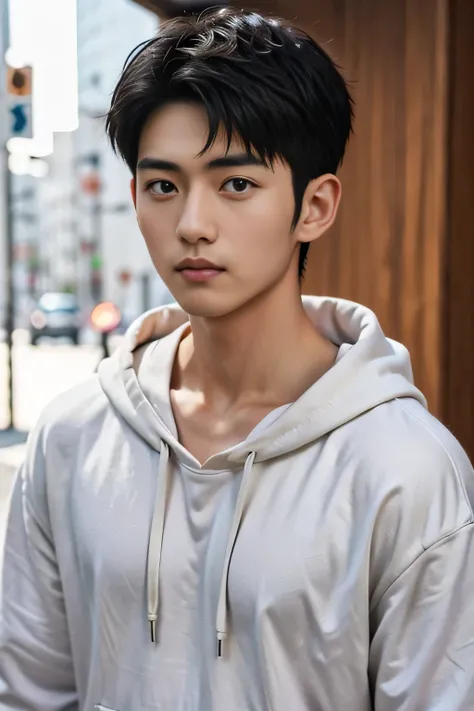  male、Japanese、handsome、 short hair、 facing the front、 fashion model、casual clothes、hoodie