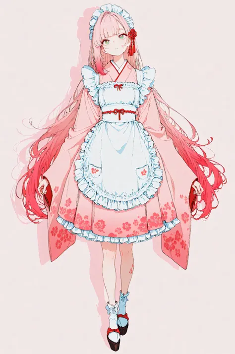 1girl, solo, Full Body, very long hair, gradient hair, Pink Hair, mullet, symbol-shaped pupils, green eyes, Red Eyes, mismatched pupils, longeyelashes, beautiful skin, Japanese clothing, pink kimono, maid, White apron, frills dress, Tall, character design,...
