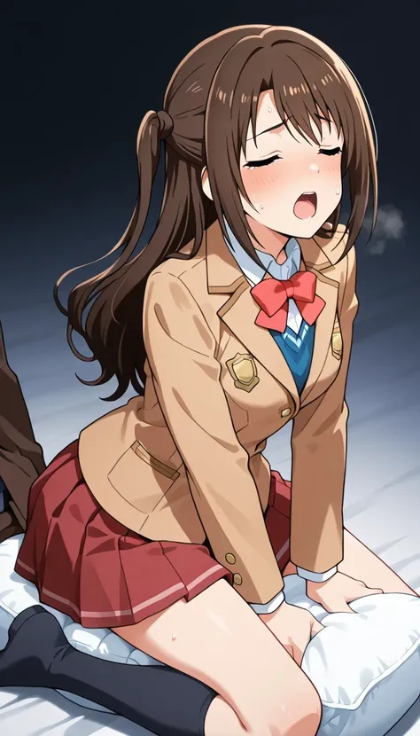 An image of Shimamura Suzuki, humiliated, brown hair, long hair, one side up, uniform escolar, red bow tie, brown blazer       ,       red pleated skirt. Sitting on your knees on a pillow, pillow between legs,    moaning , pillow humping