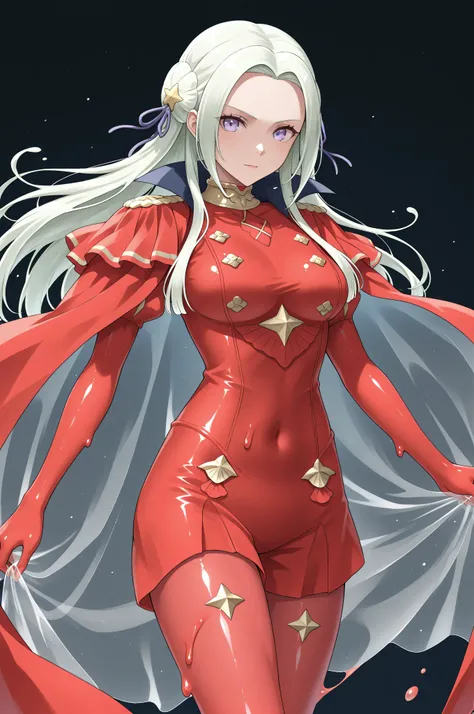 slime girl,transparent,translucent,See-through clothes,(adult Edelgard:1.0, sss:1.0, translucent:1.0, subsurface scattering:1.0, transparent, transparent red cape, transparent red pantyhose stockings)