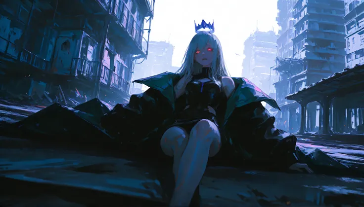 (1girl:1.3), no cat features, black soaked long hair flowing in the wind, glowing red spiral eyes, pale skin, expression of deep rage and determination, elegant punk fashion, dark heavy coat worn halfway off the shoulders, toned legs exposed, slim and powe...