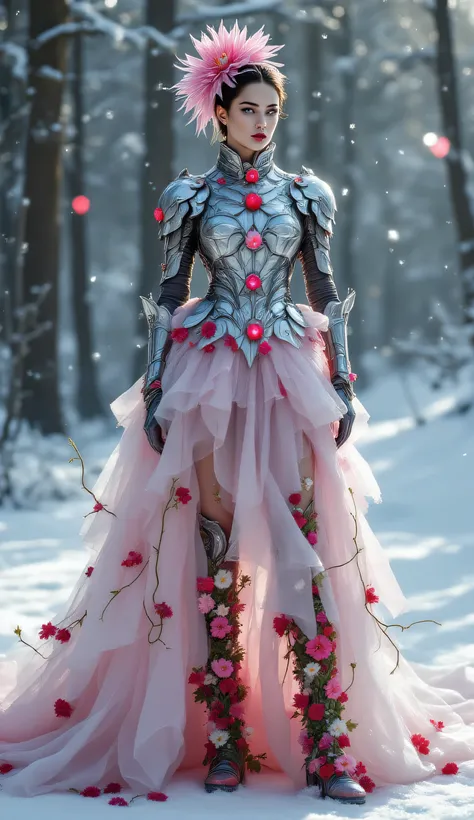 *"Alexander McQueen armored bodice with articulated silver plates shaped like dahlia petals, each holding a single frozen cranberry that refracts light. Viktor & Rolf tutu made from 1000 pressed pansies preserved in ice resin. Boots with growing strawberry...