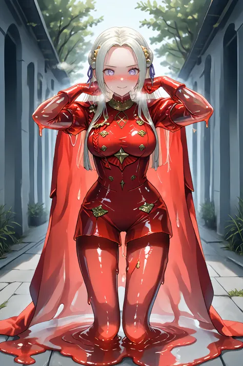 (adult Edelgard:1.0, shy face, blushing, heavy breathing, dynamic erotic pose:1.0, sss:1.0, translucent:1.0, subsurface scattering:1.0, transparent, transparent red cape, transparent red pantyhose stockings), dripping,puddle,melting,See-through clothes,eye...