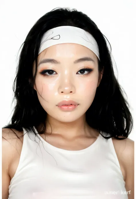Perfect Face, Perfect Body, (Female Asian, Face Asian), Black Hair, Long Hair, (White Band Head), Black Thin Eyebrows, Black Eyes, Lips Without Makeup, (White Tank Top), (Medium Breasts, Perfect Breasts), Looking At Me, (White Background)